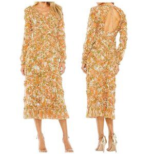 Mac Duggal Cutout Back Lattice Ruffle Floral Midi Dress Size 8 NWT